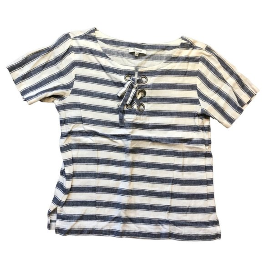 Madewell Women's Linen, Cotton Blend Indigo Striped Short Sleeve Lace-Up Tee XXS
